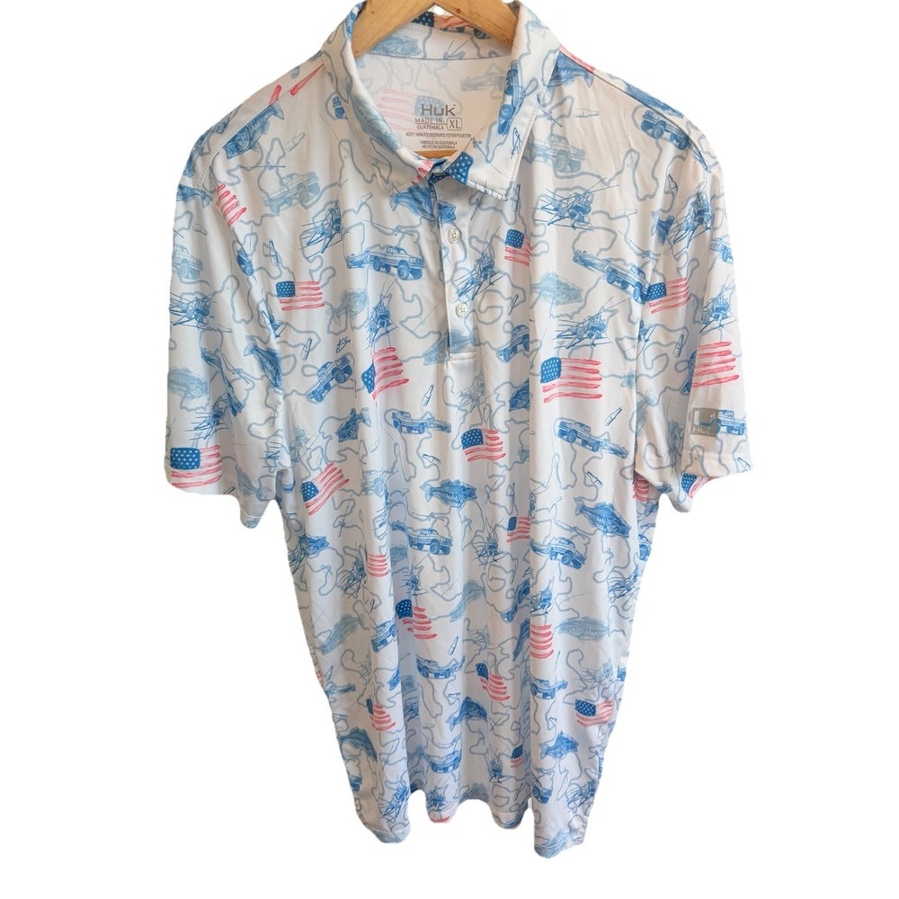 Huk Performance Polo Fishing Trucks Beer America Shirt Mens XL USA White Blue